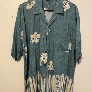 Vintage Pineapple Connection Hawaiian button-down Shirt Teal Rayon Size XL